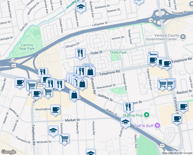 map of restaurants, bars, coffee shops, grocery stores, and more near 1127 Acadia Place in Ventura