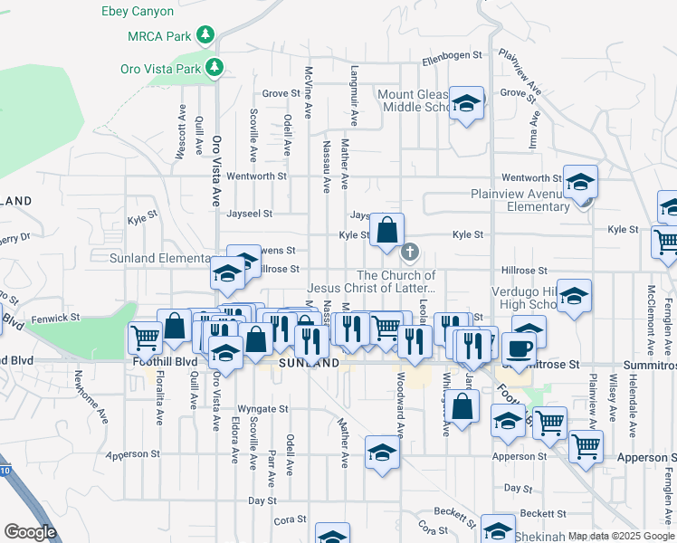 map of restaurants, bars, coffee shops, grocery stores, and more near 8124 Hillrose Street in Los Angeles