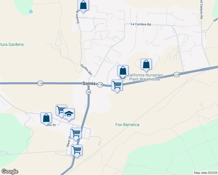 map of restaurants, bars, coffee shops, grocery stores, and more near 5696 East Los Angeles Avenue in Somis