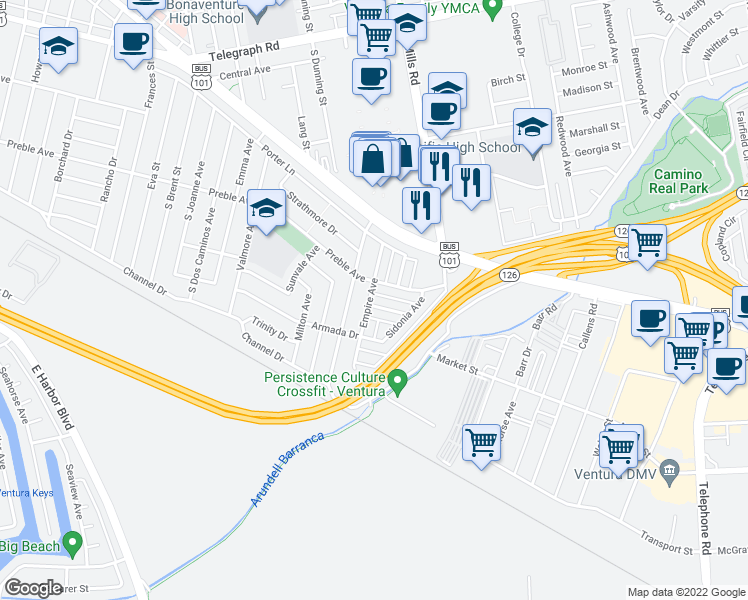 map of restaurants, bars, coffee shops, grocery stores, and more near 3333 Rexford Street in Ventura