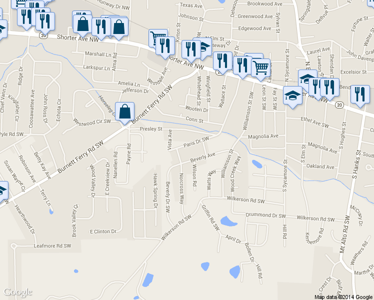 map of restaurants, bars, coffee shops, grocery stores, and more near 211 Paris Dr SW in Rome