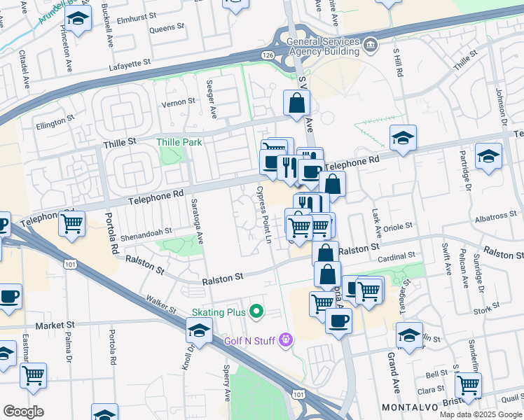 map of restaurants, bars, coffee shops, grocery stores, and more near 1241 Cypress Point Lane in Ventura