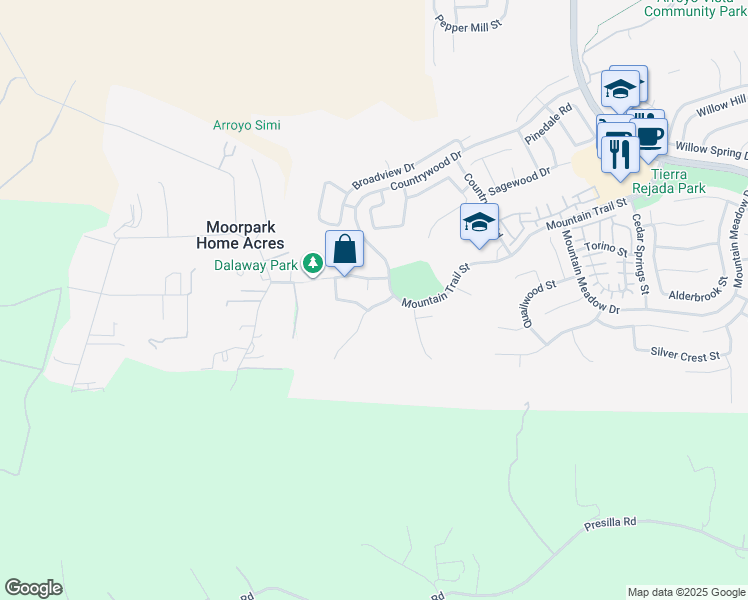 map of restaurants, bars, coffee shops, grocery stores, and more near 3969 Sunsetridge Road in Moorpark