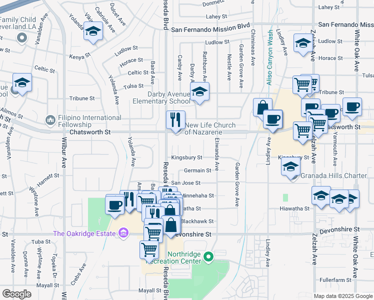 map of restaurants, bars, coffee shops, grocery stores, and more near 10617 Darby Avenue in Los Angeles