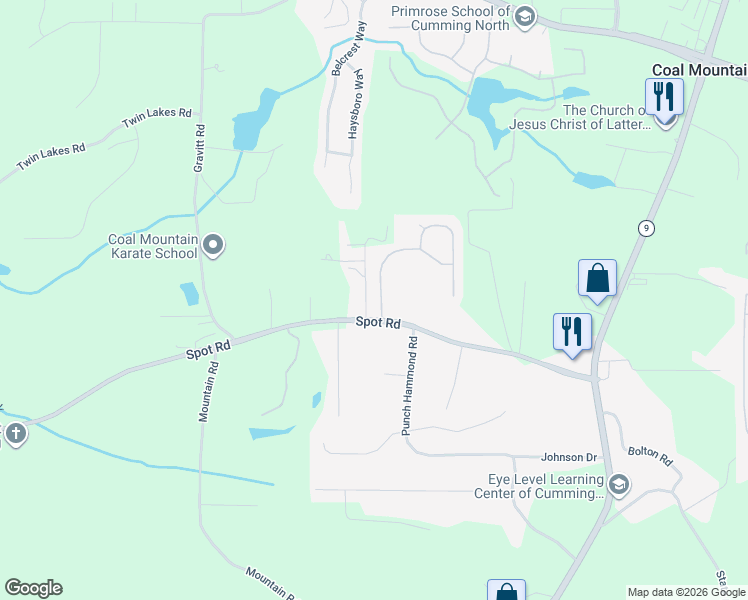 map of restaurants, bars, coffee shops, grocery stores, and more near 3075 Blackburn Drive in Cumming