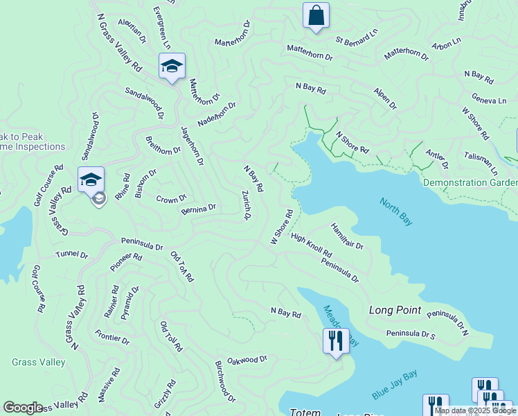 map of restaurants, bars, coffee shops, grocery stores, and more near 27506 North Bay Road in Lake Arrowhead