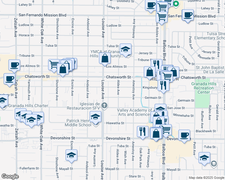 map of restaurants, bars, coffee shops, grocery stores, and more near 17222 Kingsbury Street in Los Angeles