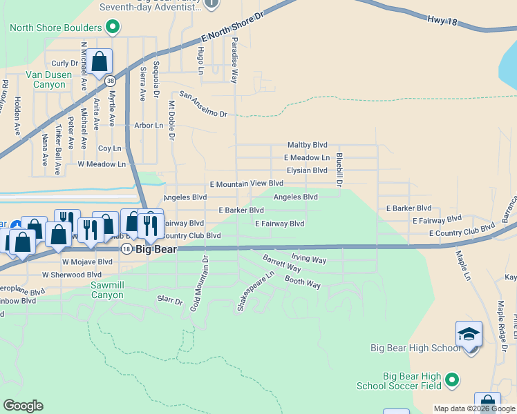 map of restaurants, bars, coffee shops, grocery stores, and more near 433 East Barker Boulevard in Big Bear