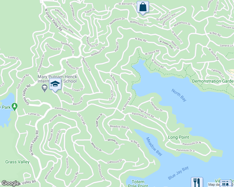 map of restaurants, bars, coffee shops, grocery stores, and more near 27506 North Bay Road in Lake Arrowhead