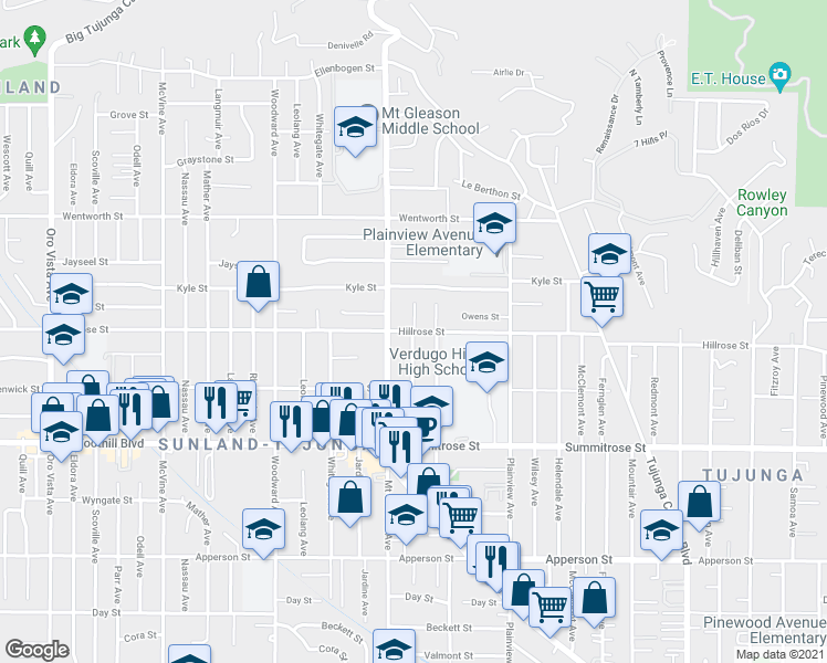 map of restaurants, bars, coffee shops, grocery stores, and more near Hillrose St & Tinker Ave in Los Angeles