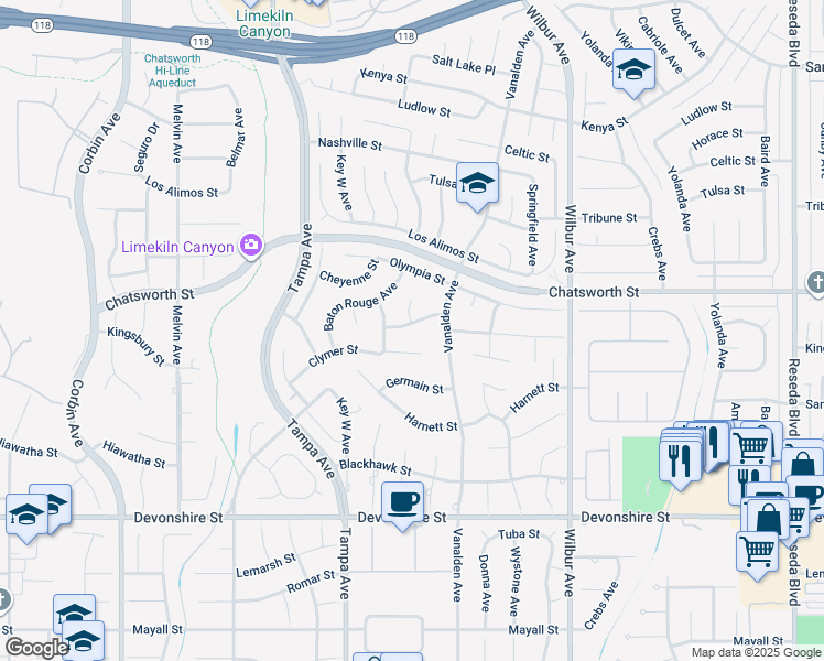 map of restaurants, bars, coffee shops, grocery stores, and more near 19136 Kingsbury Street in Los Angeles