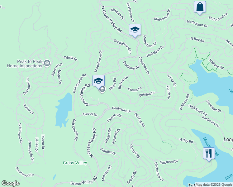 map of restaurants, bars, coffee shops, grocery stores, and more near 719 Rhine Road in Lake Arrowhead