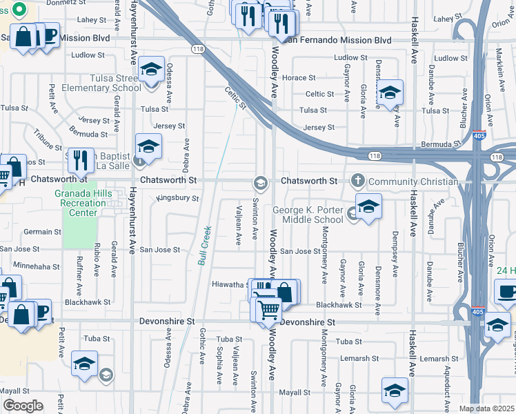 map of restaurants, bars, coffee shops, grocery stores, and more near 10608 Valjean Avenue in Los Angeles