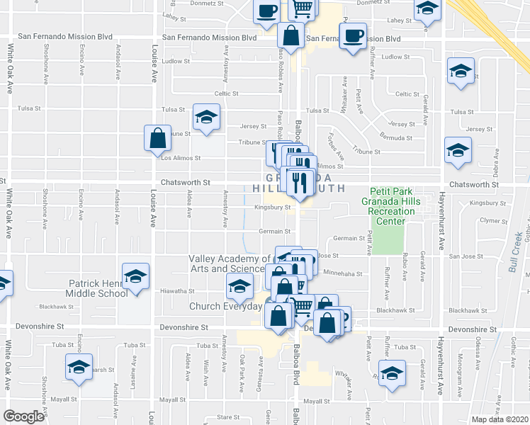 map of restaurants, bars, coffee shops, grocery stores, and more near 10621 Genesta Avenue in Los Angeles