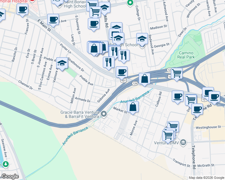 map of restaurants, bars, coffee shops, grocery stores, and more near in Ventura