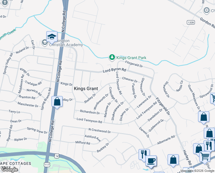 map of restaurants, bars, coffee shops, grocery stores, and more near 1117 Coleridge Drive in Wilmington