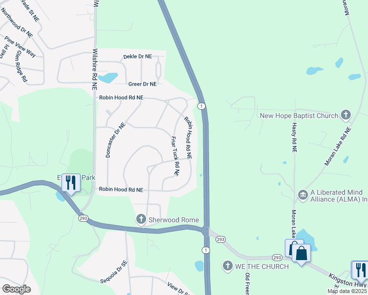 map of restaurants, bars, coffee shops, grocery stores, and more near 205 Robin Hood Road Northeast in Rome