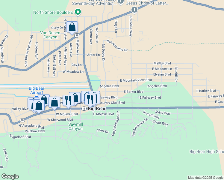 map of restaurants, bars, coffee shops, grocery stores, and more near 221 East Barker Boulevard in Big Bear
