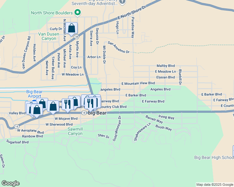 map of restaurants, bars, coffee shops, grocery stores, and more near 233 East Barker Boulevard in Big Bear