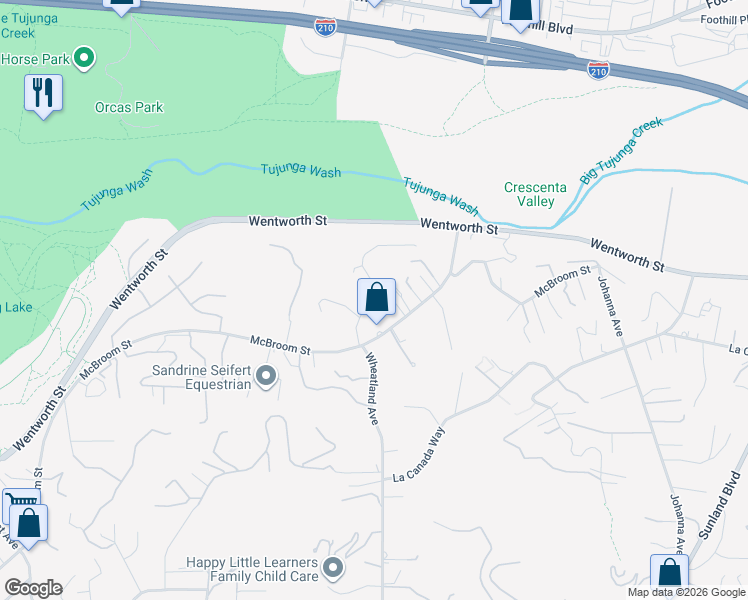 map of restaurants, bars, coffee shops, grocery stores, and more near 10626 Wheatland Avenue in Los Angeles