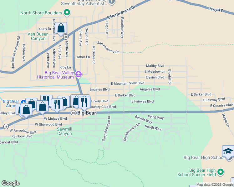 map of restaurants, bars, coffee shops, grocery stores, and more near 320 East Barker Boulevard in Big Bear