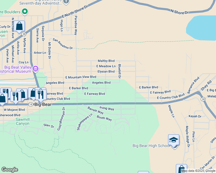map of restaurants, bars, coffee shops, grocery stores, and more near 605 East Barker Boulevard in Big Bear