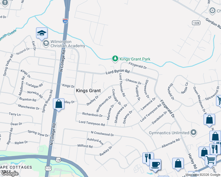 map of restaurants, bars, coffee shops, grocery stores, and more near 1117 Coleridge Drive in Wilmington
