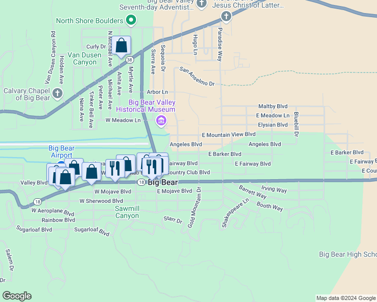 map of restaurants, bars, coffee shops, grocery stores, and more near 221 East Barker Boulevard in Big Bear