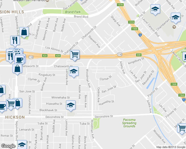 map of restaurants, bars, coffee shops, grocery stores, and more near 14758 Kingsbury Street in Los Angeles