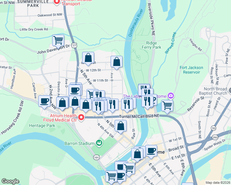 map of restaurants, bars, coffee shops, grocery stores, and more near 606 West 10th Street Northeast in Rome