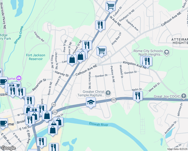 map of restaurants, bars, coffee shops, grocery stores, and more near 126 Wadsworth Street Northeast in Rome