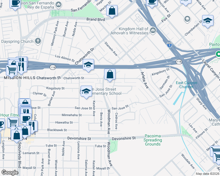 map of restaurants, bars, coffee shops, grocery stores, and more near 14758 Kingsbury Street in Los Angeles