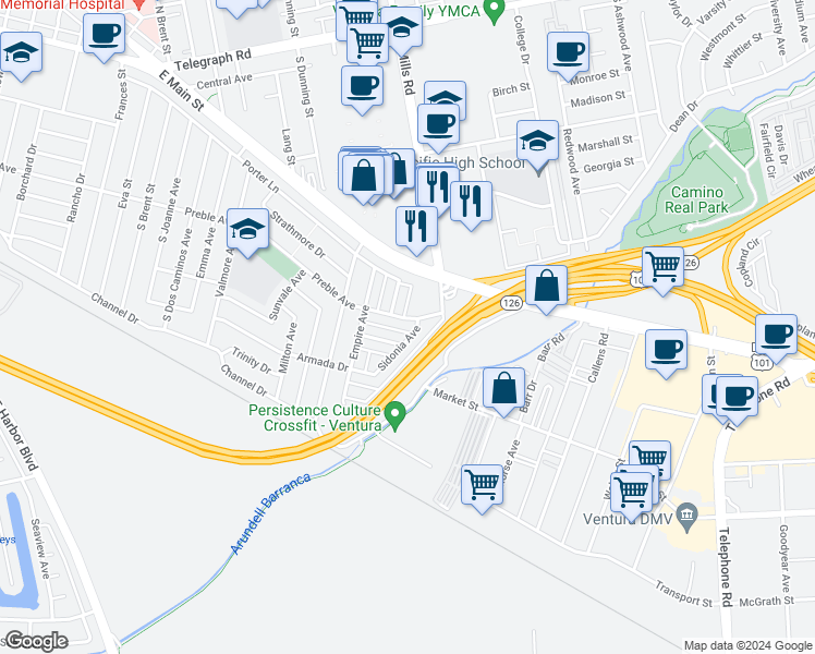map of restaurants, bars, coffee shops, grocery stores, and more near 3442-3468 Preble Avenue in Ventura