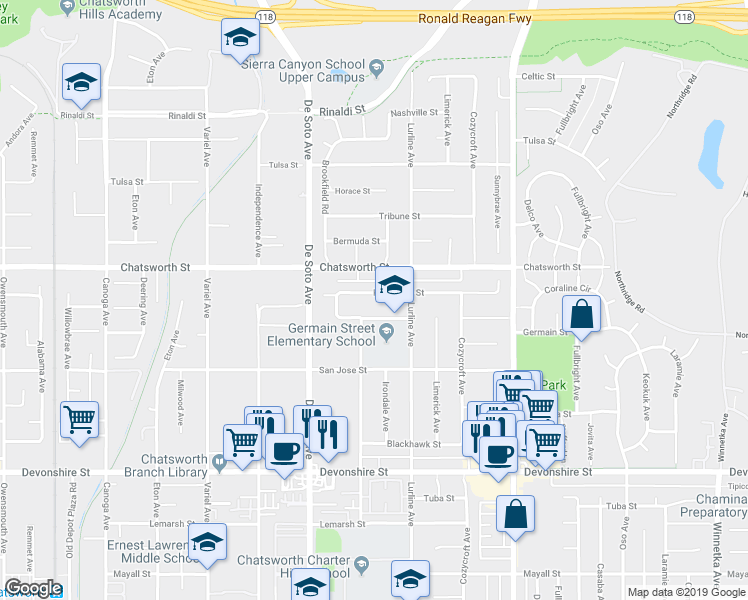 map of restaurants, bars, coffee shops, grocery stores, and more near 20742 Kingsbury Street in Los Angeles