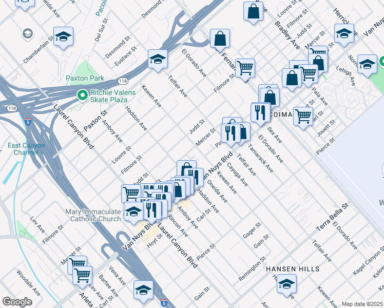 map of restaurants, bars, coffee shops, grocery stores, and more near 13612 Mercer Street in Los Angeles