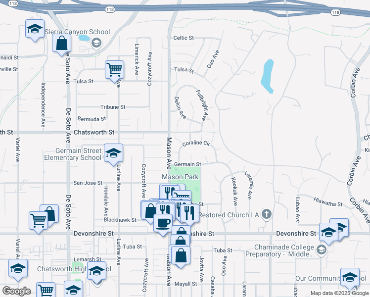 map of restaurants, bars, coffee shops, grocery stores, and more near 20408 Coraline Circle in Los Angeles