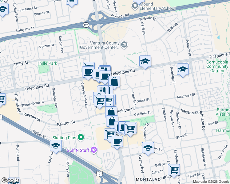 map of restaurants, bars, coffee shops, grocery stores, and more near 1304 Raven Avenue in Ventura