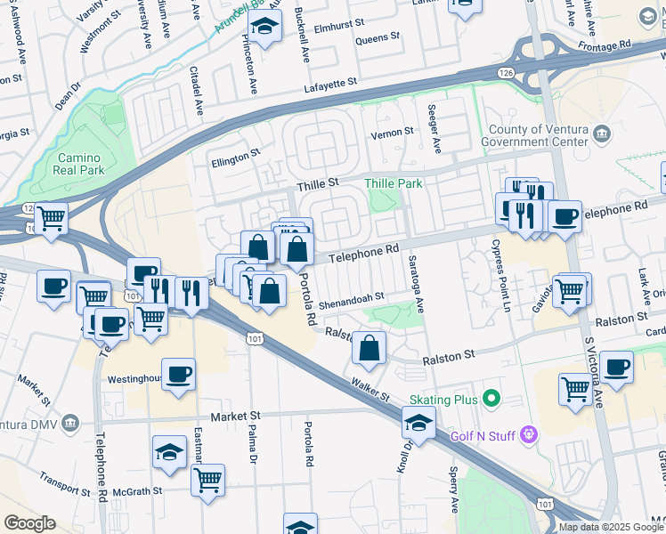 map of restaurants, bars, coffee shops, grocery stores, and more near 1122 Acadia Place in Ventura
