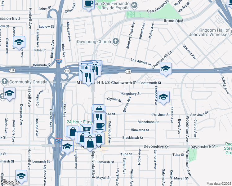 map of restaurants, bars, coffee shops, grocery stores, and more near 15238 Kingsbury Street in Los Angeles