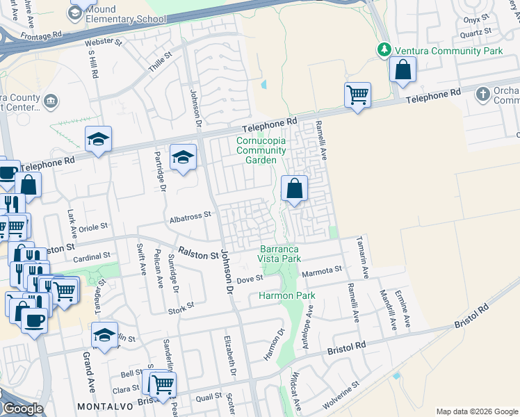 map of restaurants, bars, coffee shops, grocery stores, and more near 1520 Thrasher Court in Ventura