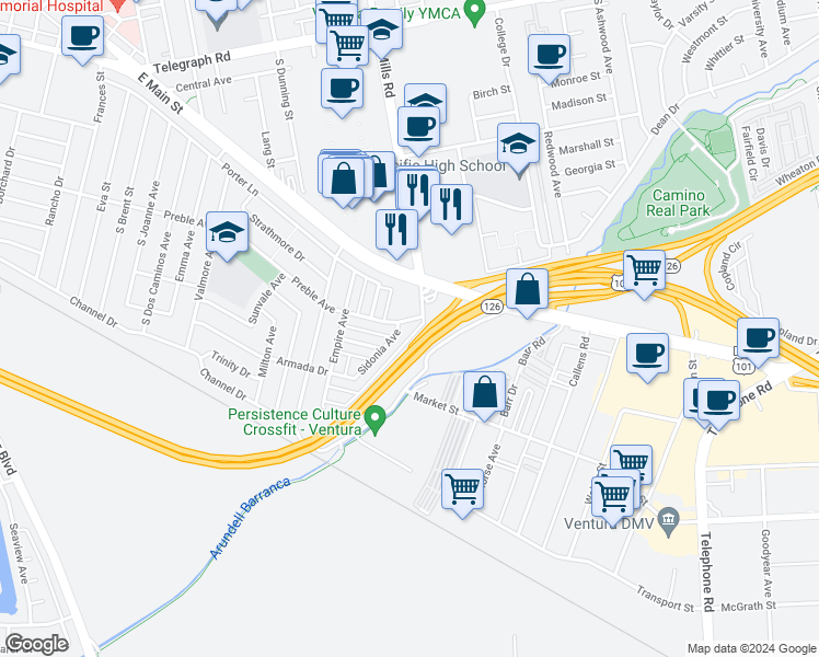 map of restaurants, bars, coffee shops, grocery stores, and more near 3574 Preble Avenue in Ventura