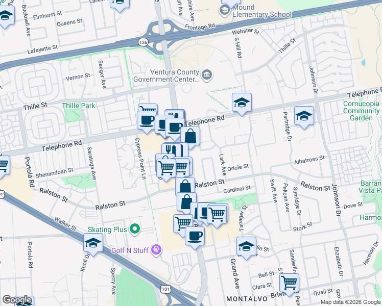 map of restaurants, bars, coffee shops, grocery stores, and more near 1280 South Victoria Avenue in Ventura