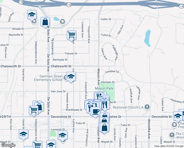 map of restaurants, bars, coffee shops, grocery stores, and more near 20532 Kingsbury Street in Los Angeles