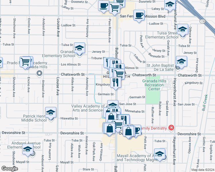 map of restaurants, bars, coffee shops, grocery stores, and more near 17038 Kingsbury Street in Los Angeles