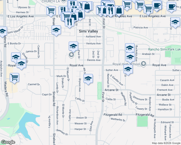map of restaurants, bars, coffee shops, grocery stores, and more near 836 Margo Drive in Simi Valley