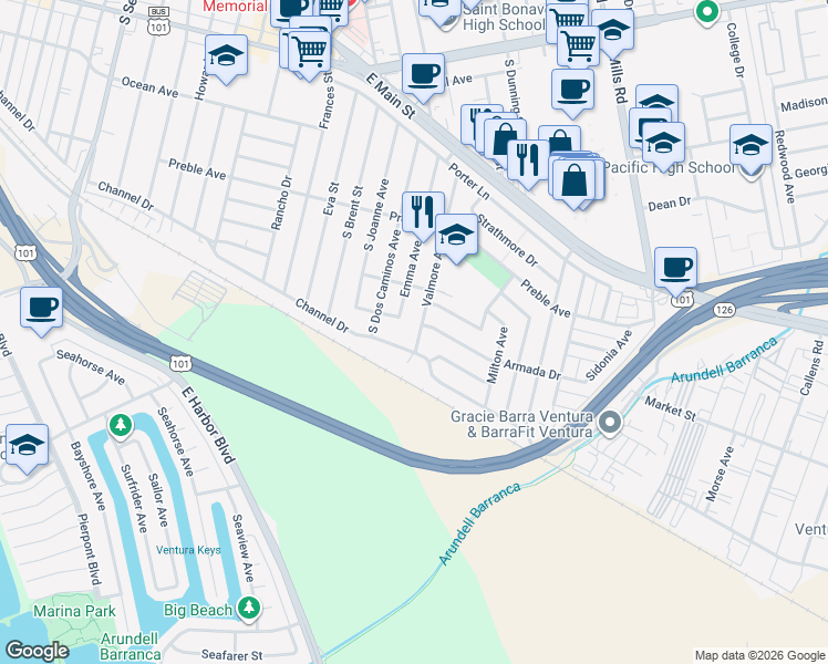 map of restaurants, bars, coffee shops, grocery stores, and more near 3079 Channel Drive in Ventura