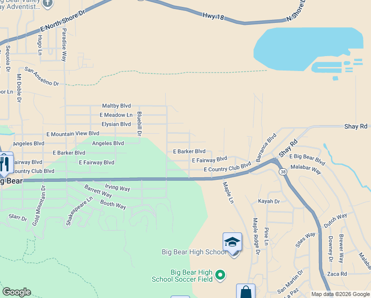 map of restaurants, bars, coffee shops, grocery stores, and more near 908 East Barker Boulevard in Big Bear