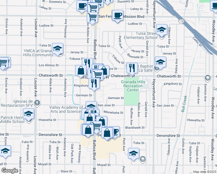 map of restaurants, bars, coffee shops, grocery stores, and more near 16866 Kingsbury Street in Los Angeles