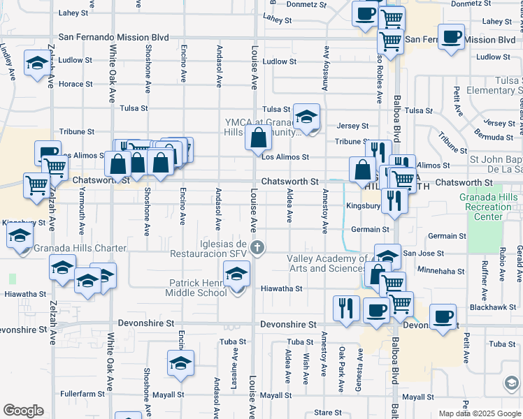 map of restaurants, bars, coffee shops, grocery stores, and more near 10620 Louise Avenue in Los Angeles