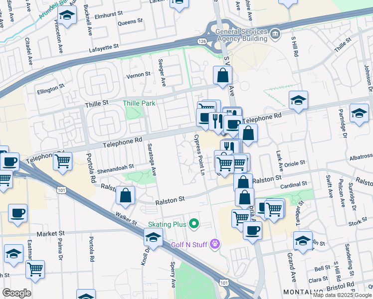 map of restaurants, bars, coffee shops, grocery stores, and more near Unnamed Road in Ventura